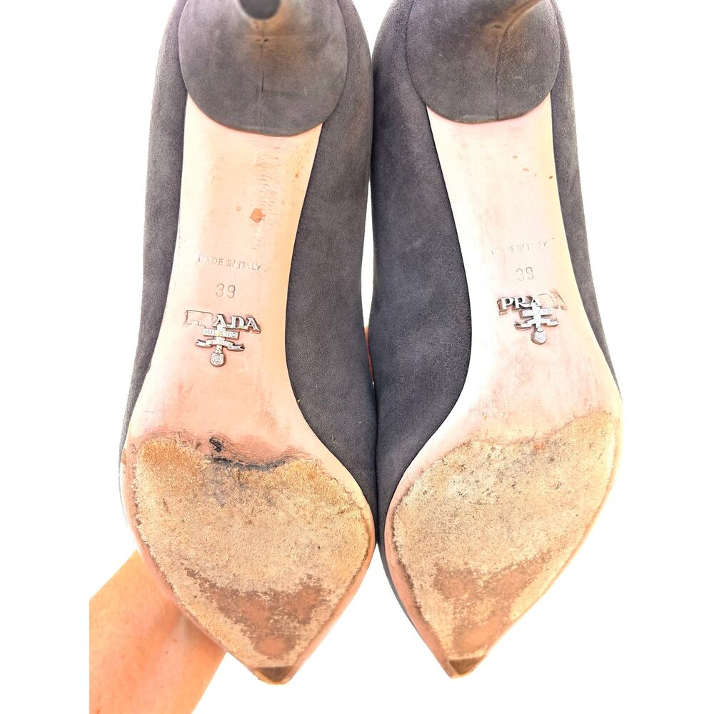 Prada Suede Scalloped Pointed Low Toe Kitten Heels Grey Gray 39 US 9 Pumps - Picture 4 of 14